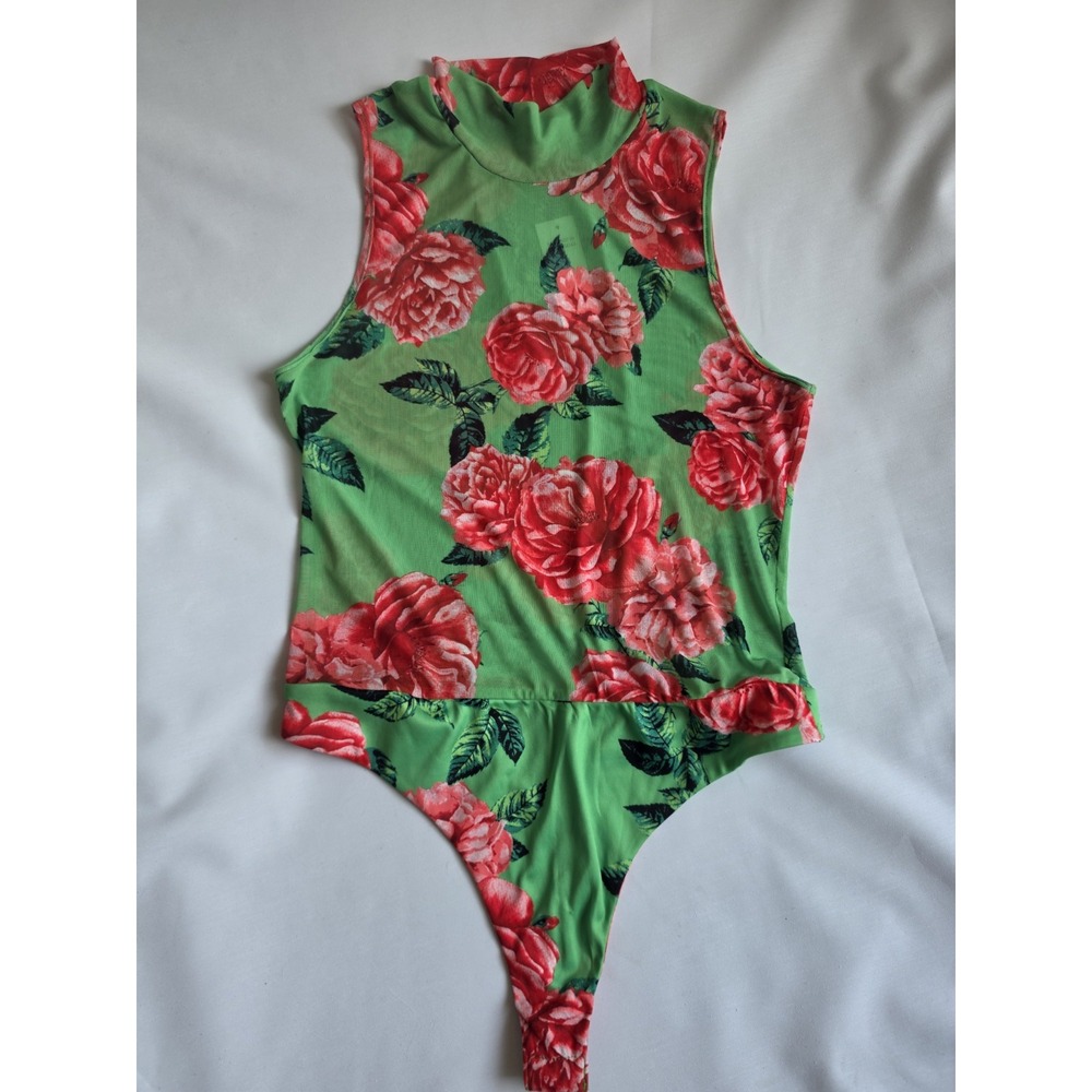 NWT Afrm Los Angeles Women's L Green Pink Rose Floral Mesh Bodysuit Mock Neck